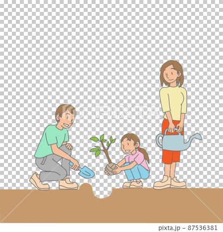 植林活動をする親子 87536381