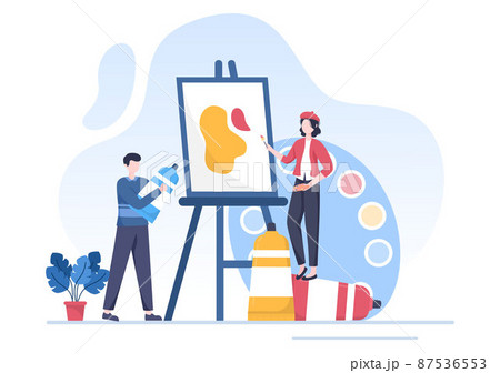 Painting Flat Illustration with Someone who Paints using Easel, Canvas, Brushes and Watercolor for Poster or Workshops Designs 87536553