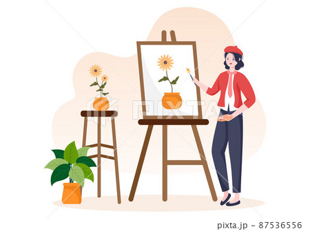 Painting Flat Illustration with Someone who Paints using Easel, Canvas, Brushes and Watercolor for Poster or Workshops Designs Painting Flat Illustration with Someone who Paints using Easel, Canvas, Brushes and Watercolor for Poster or Workshops Designs 87536556