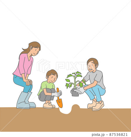 野菜の苗を植える親子のイラスト素材