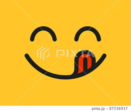Yummy smile emoji with tongue lick mouth. Delicious tasty food symbol for social network. Yummy and hungry icon. Savory gourmet. Enjoy food sign. Vector illustration isolated on yellow background 87536937