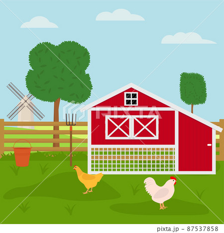 Chicken farm with chicken coop. Flat vector illustration 87537858