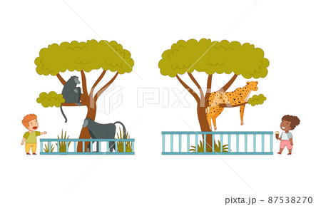 Kids at the zoo. hildren watching at cheetah and monkey cartoon vector illustration Kids at the zoo. hildren watching at cheetah and monkey cartoon vector illustration 87538270