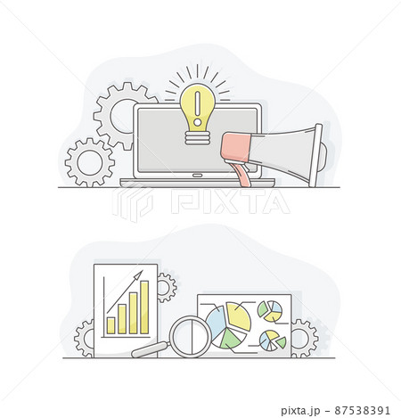 Business management symbols set. Effective planning, market research, investment, business success lined vector illustration 87538391