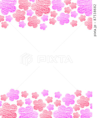 フレーム素材 上下を彩る大小の桃&赤色のクレヨンで描かれた花畑 縦 背景白 他色有 フレーム素材 上下を彩る大小の桃&赤色のクレヨンで描かれた花畑 縦 背景白 他色有 87538682