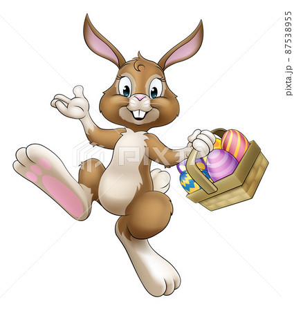 Easter Bunny Cartoon Rabbit With Eggs Basketのイラスト素材