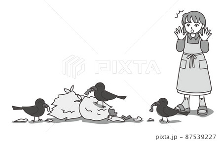ゴミ袋を破っているカラスを見つけて驚いているエプロン姿の女性A【単色／壁なし】 87539227