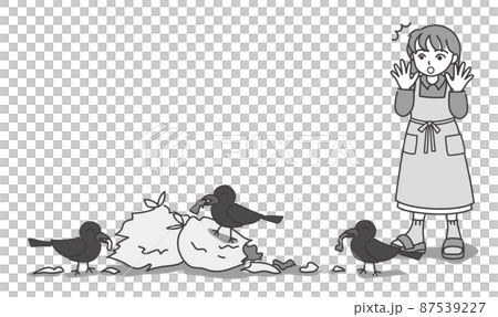 ゴミ袋を破っているカラスを見つけて驚いているエプロン姿の女性A【単色／壁なし】 87539227