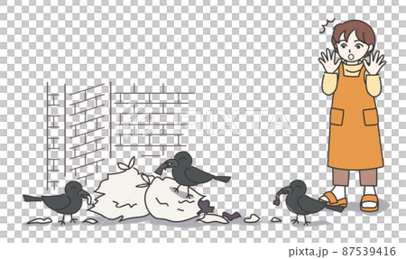 A woman in an apron who is surprised to find a crow breaking a garbage bag B [color / with wall] 87539416