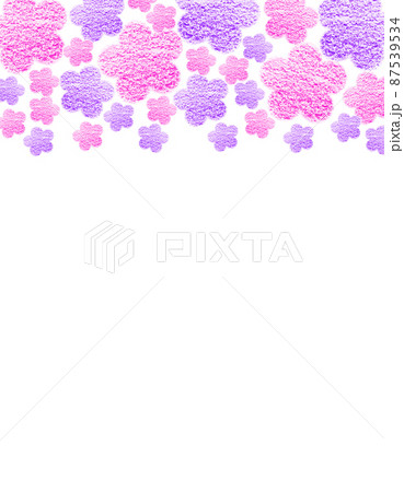 フレーム素材 空を彩る大小の紫&桃色のクレヨンで描かれた花々 縦 背景白 他色有 フレーム素材 空を彩る大小の紫&桃色のクレヨンで描かれた花々 縦 背景白 他色有 87539534