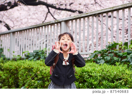 桜道で叫ぶ新一年生の女の子 桜道で叫ぶ新一年生の女の子 87540683