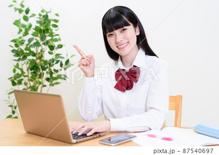 ノートパソコンにタイピング入力しながら勉強する女子高校生　動画視聴　オンライン授業　オススメ　指差し 87540697