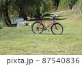 Red bike on the grass at the river bank 87540836