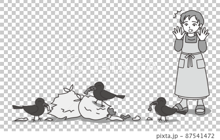 A woman in an apron who is surprised to find a crow breaking a garbage bag D [single color / no wall] 87541472