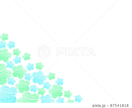 フレーム素材 左下を彩る大小の緑 水色のクレヨンで描かれた花々 横 背景白 他色有のイラスト素材