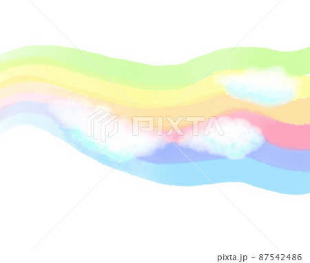 水彩画風タッチで6色のカラフルな線の虹にふわふわした雲がくっついている背景素材 87542486