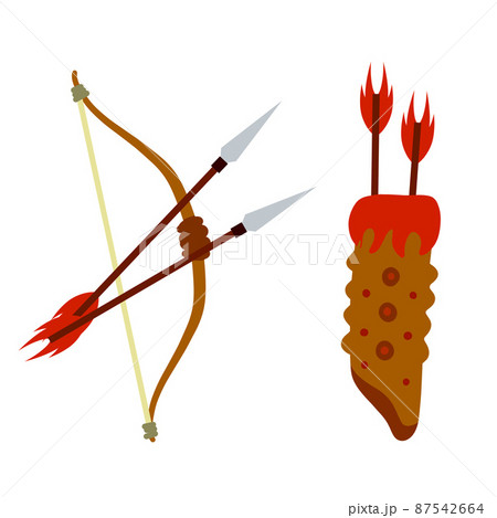 Bow and arrow. Taut bowstring. Set of objects. Flat cartoon illustration. Shooting and hunting element 87542664