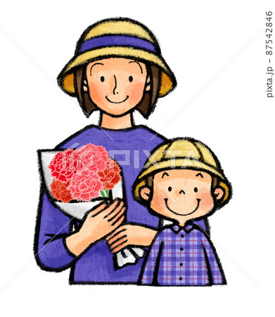 母の日　カーネーションを持つお母さんと子供（親子） 87542846