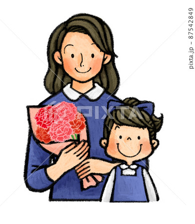 母の日　カーネーションを持つお母さんと子供（親子） 87542849