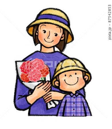 母の日　カーネーションを持つお母さんと子供（親子） 87542853