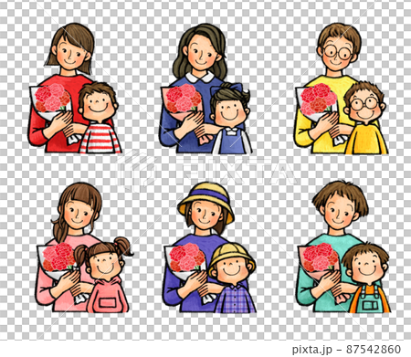母の日　カーネーションを持つお母さんと子供（親子）セット 87542860