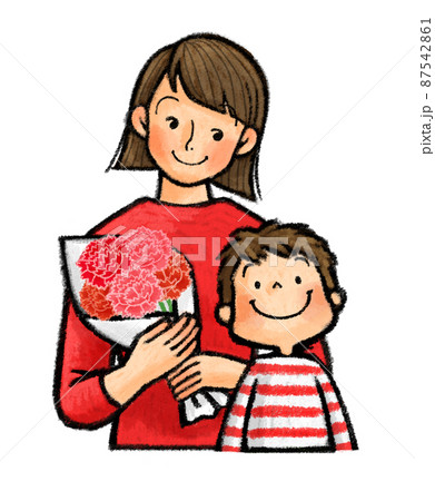 母の日　カーネーションを持つお母さんと子供（親子） 87542861
