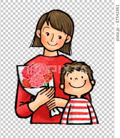 母の日　カーネーションを持つお母さんと子供（親子） 87542861