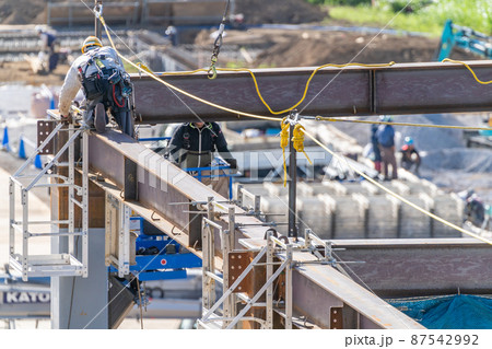 建設現場　高所作業　とび　安全帯　ランヤード　スタンション　親綱用支柱　親綱　安全対策　鉄骨工事 87542992