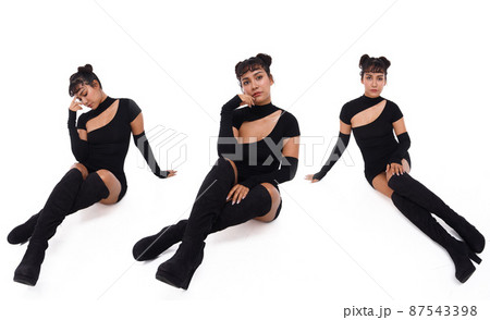 20s Asian Indian Arab Woman wear black dress braided hair and long boots shoes on white background 87543398
