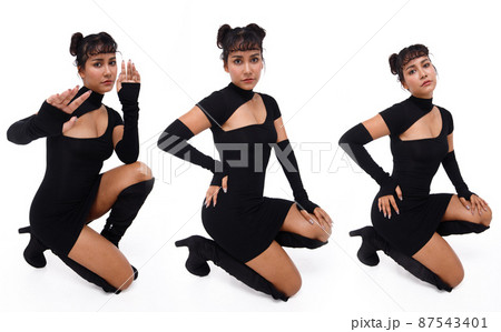 20s Asian Indian Arab Woman wear black dress braided hair and long boots shoes on white background 87543401