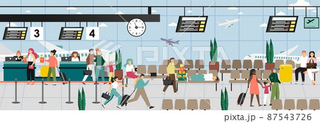 Airport terminal, waiting hall, departure lounge. Passengers check in. People walk with luggage, wait for flight, vector Airport terminal, waiting hall, departure lounge. Passengers check in. People walk with luggage, wait for flight, vector 87543726