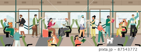 People wearing face masks in city public transport. Safe travel, commute by bus, subway train, tram, vector illustration People wearing face masks in city public transport. Safe travel, commute by bus, subway train, tram, vector illustration 87543772