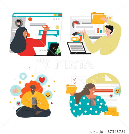 People chatting on social networks, vector isolated illustration. Digital communication. Online conversation. 87543781