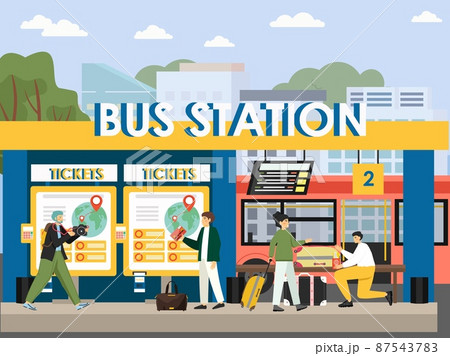 People buying travel bus tickets at self service ticketing kiosk, vector illustration. Self service technologies. People buying travel bus tickets at self service ticketing kiosk, vector illustration. Self service technologies. 87543783