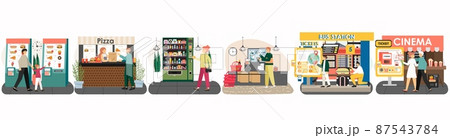 Vending machine, travel and cinema tickets, restaurant food and drink kiosks, supermarket self-service cashier, vector. 87543784