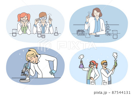 Set of scientists make experiments in laboratory Set of scientists make experiments in laboratory 87544131