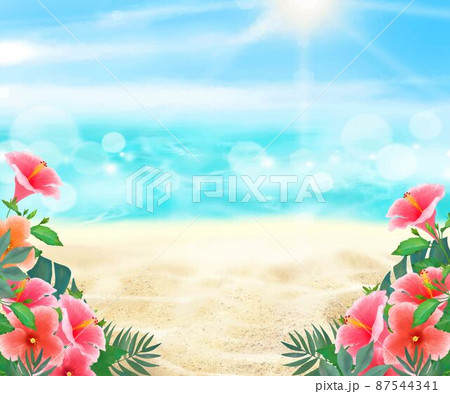 太陽の光差し込む青い空の下 浜辺にハイビスカスの咲く夏の海の煌めくおしゃれフレーム背景素材のイラスト素材