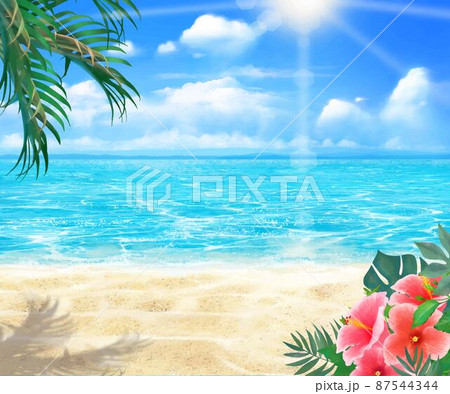 太陽の光差し込む青い空の下、浜辺にヤシの木とハイビスカスの咲く夏の