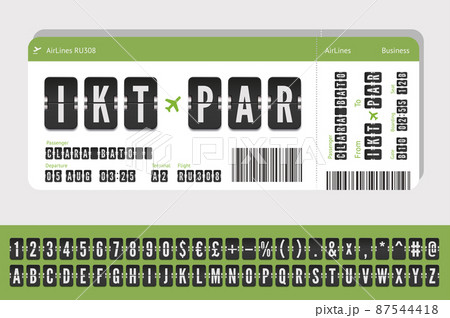 Boarding pass with airport font. Isolated Flight card concept with air terminal alphabet Boarding pass with airport font. Isolated Flight card concept with air terminal alphabet 87544418