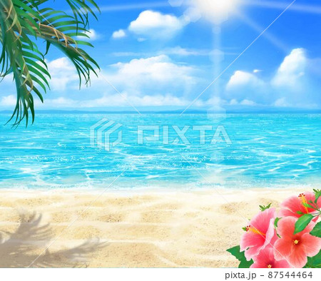 太陽の光差し込む青い空の下 浜辺にヤシの木とハイビスカスの咲く夏の海の煌めくおしゃれフレーム背景素材のイラスト素材