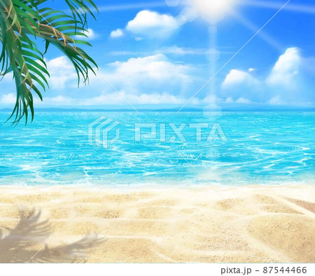 夏の砂浜とボヤけた雲のある青い空とヤシの木と海の美しいフレームイラスト素材 87544466