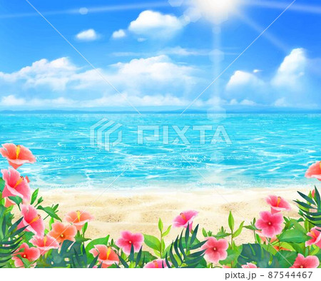太陽の光差し込む青い空の下 白い砂浜にハイビスカスの咲く夏の海の煌めくおしゃれフレーム背景素材のイラスト素材