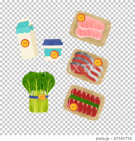 食品ロス 値引シールが貼られた食材の手描きイラストのイラスト素材