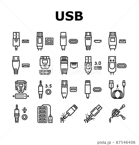 Usb Cable And Port Purchases Icons Set Vector 87546406