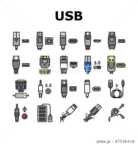 Usb Cable And Port Purchases Icons Set Vector Usb Cable And Port Purchases Icons Set Vector 87546418