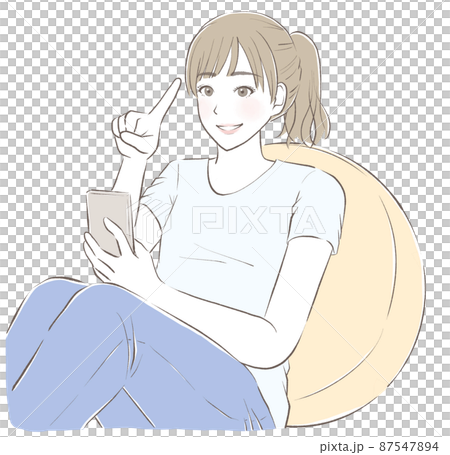 A woman who operates a smartphone while leaning on a cushion A woman who operates a smartphone while leaning on a cushion 87547894