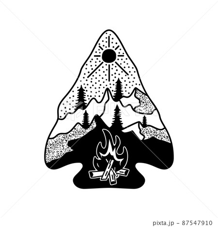 Camping adventure badge design. Outdoor crest logo with campfire and trees. Travel silhouette label isolated. Sacred geometry. Stock tattoo graphics label Camping adventure badge design. Outdoor crest logo with campfire and trees. Travel silhouette label isolated. Sacred geometry. Stock tattoo graphics label 87547910