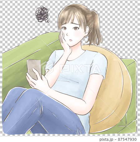 A woman who is worried about looking at a smartphone with a cheek stick on the sofa, watercolor style 87547930