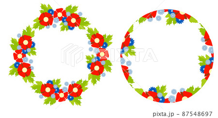 Set of round frames with a floral pattern. decorative red poppies and mallows and blue cornflowers with a place for text in the center. Vector illustration For design, decor, projects and postcards 87548697