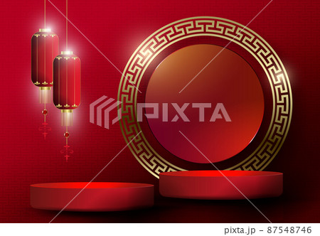 Red abstract illustration with a round frame in gold hue, lanterns on pendants Red abstract illustration with a round frame in gold hue, lanterns on pendants 87548746